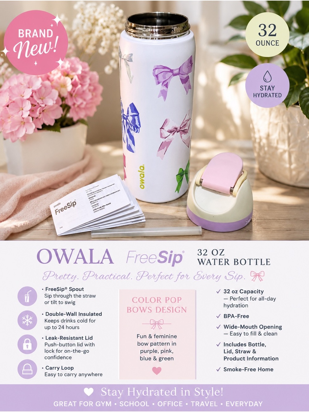 Owala FreeSip 32oz Water Bottle - Bow Print in White with Pastel Accents